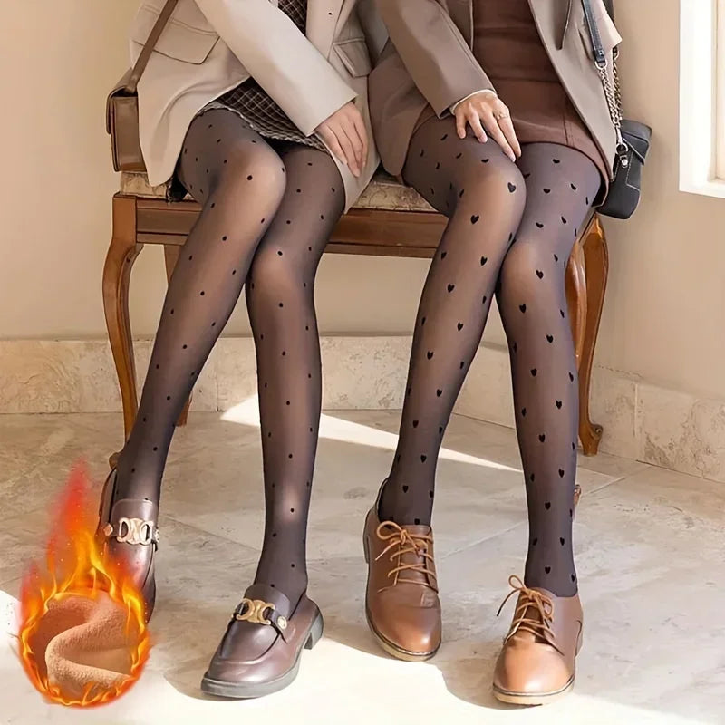 Warm Winter Women Pantyhose Heart Print Pattern Fleece-Lined Tights High-Elastic Thermal Stockings