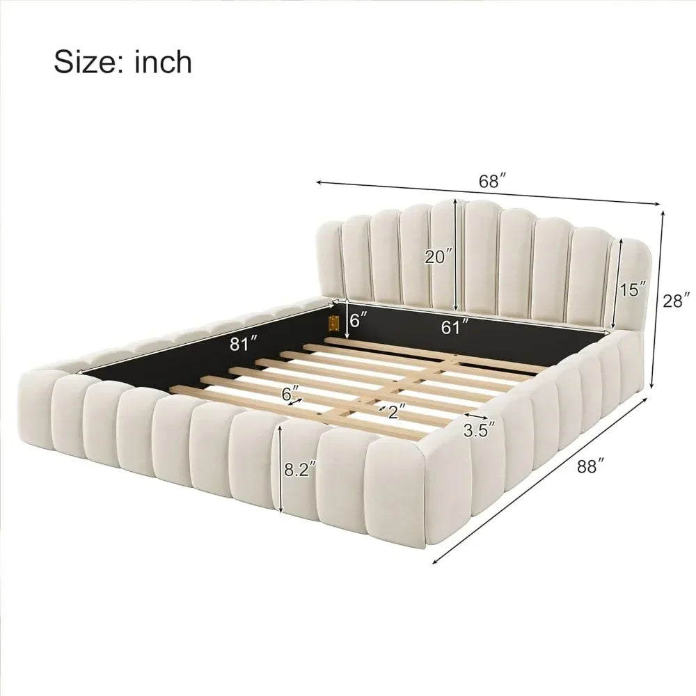 Velvet Upholstered Queen Bed Frame,Floor Bed Shell-Shaped Headboard for Bedroom,weight capacity 500lbs.NoBox Spring Needed,Beige