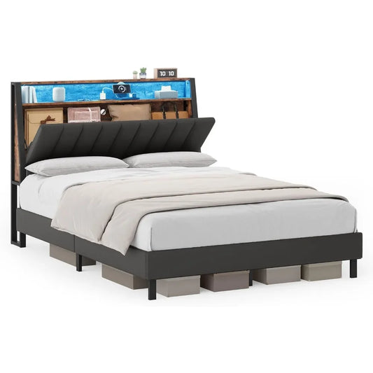 LED Bed Frame Full Size, Storage Headboard and Charging Station, 1 USB Port, 1 Type-C Port Full Bed Frame with 2 AC Outlets