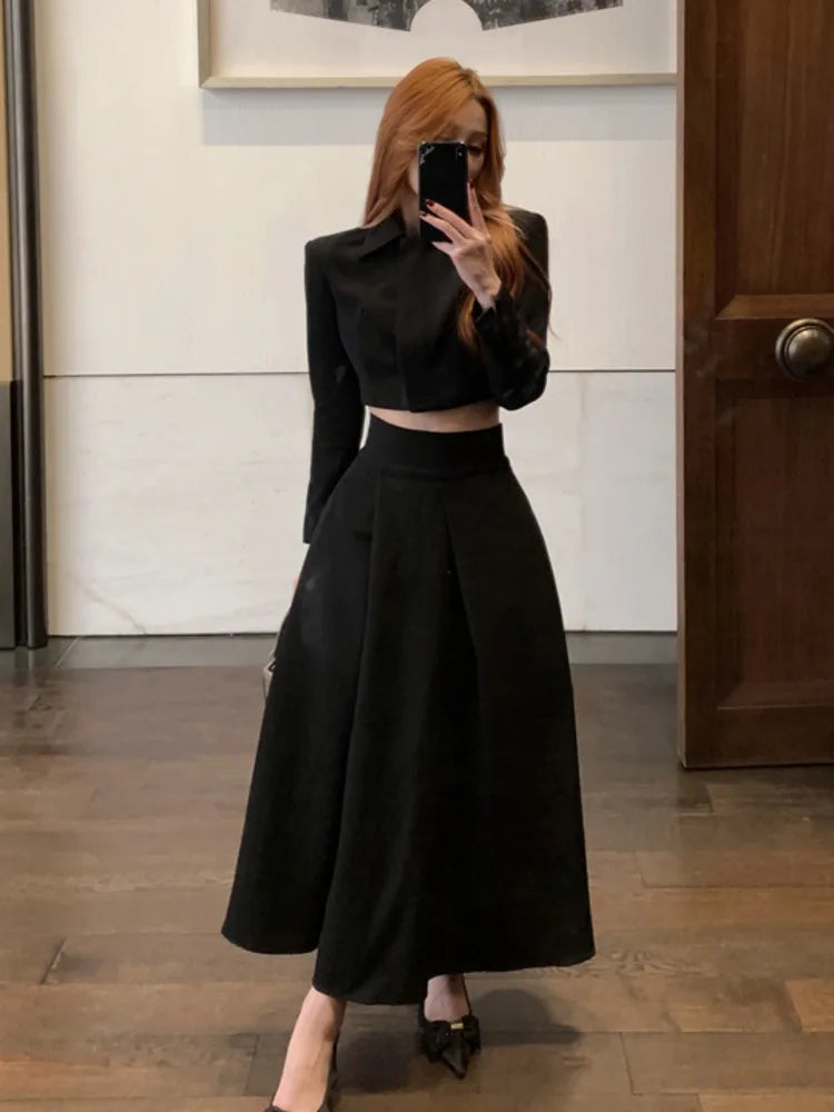 2024 Autumn New French Women's Elegant Fashion Two Piece Set Korean Casual Coat + Long Skirt Suits Female Conjuntos Femininos