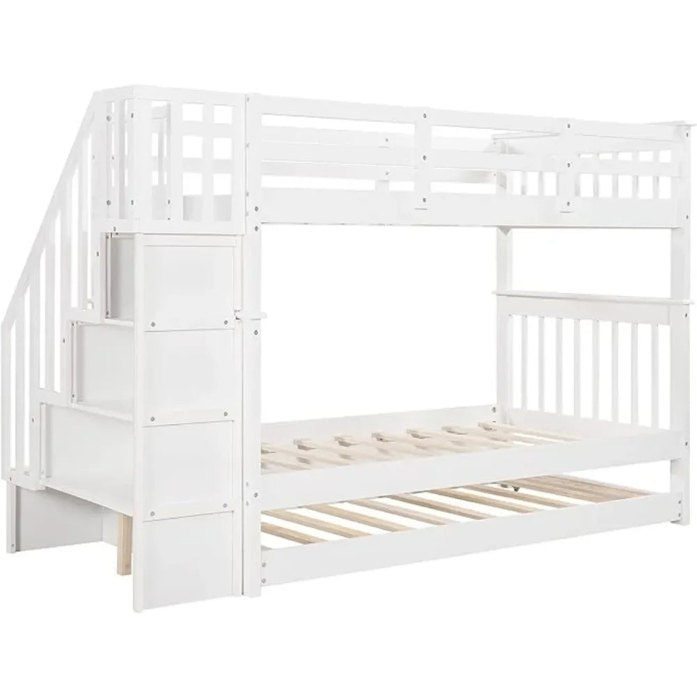 Twin Over Twin Wood Bunk Bed with Drawers and Staircase,Convertible Bunk, Twin Over Full Bunk Bed with Storage Cabinet