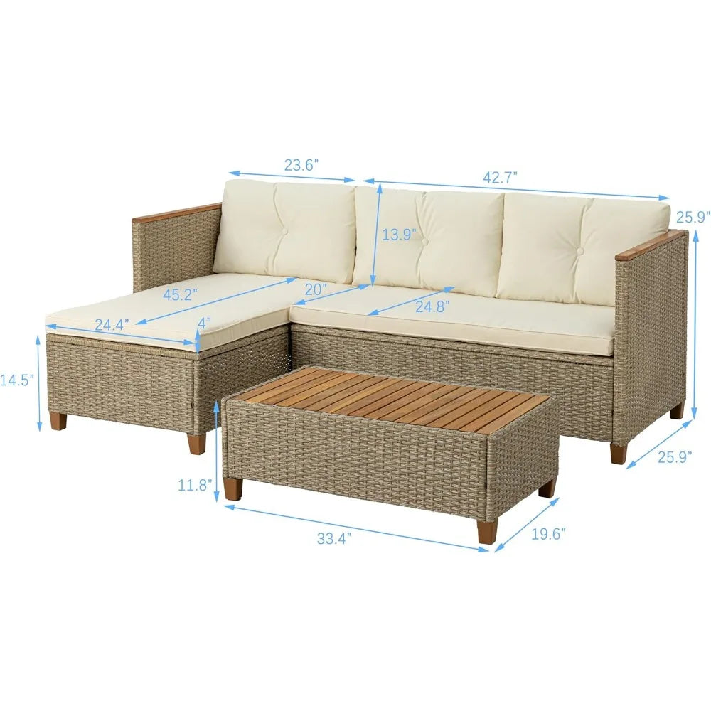 Patio Furniture Set, All Weather Rattan Wicker Conversation Set with Acacia Wood Coffee Table, 3 Piece Outdoor Sectional Sofa