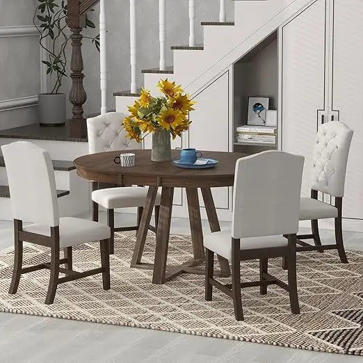 Dining Table and Chairs, 5 Piece Dinings Room Table Set with Extendable Table and Upholstered Chairs,Wood Dining Furniture Set