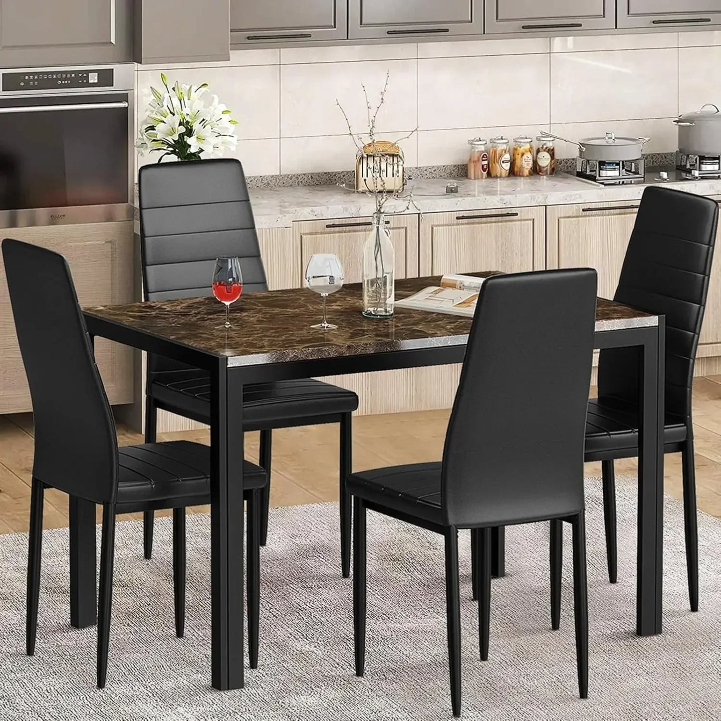 7 Piece Kitchen 6 Person, Tempered Glass Table and PU Leather Chairs Modern Dining Room Sets for Small Space,Dining Room Sets