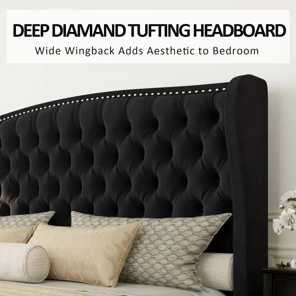 King Size Platform Bed Frame, Velvet Upholstered Bed with Deep Button Tufted & Nailhead Trim Wingback Headboard