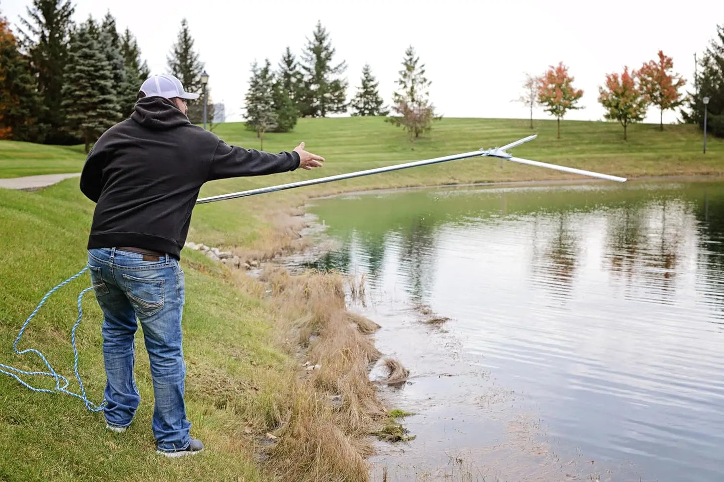 Lake Weed Cutter - 42 inch Wide Cutting Path, Includes 20 Foot Rope, Blade Sharpener & Safety Gloves - Remove Common Pond