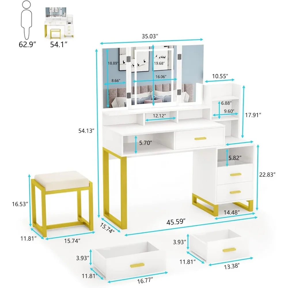 Vanity Set with Lighted Tri-fold Mirror, 45.59'' Large Vanity Desk with Charging Station,Storage Stool Makeup Vanity for Bedroom