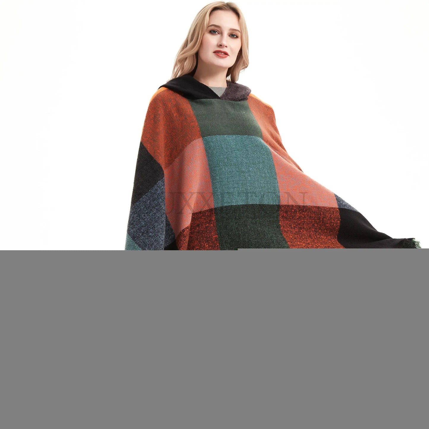 Ladies Hooded Plaid Cape Square Sweater Thicken Winter Shawl Wraps Blanket Scarf Coat Ponchos for Women