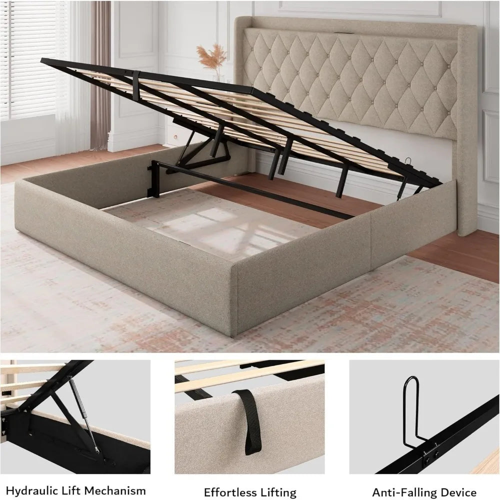 Hydraulic Storage Queen Bed No Box Spring Needed Bunk Beds Upholstered Platform Bed Frame With Tufted Headboard Noise-Free Beige