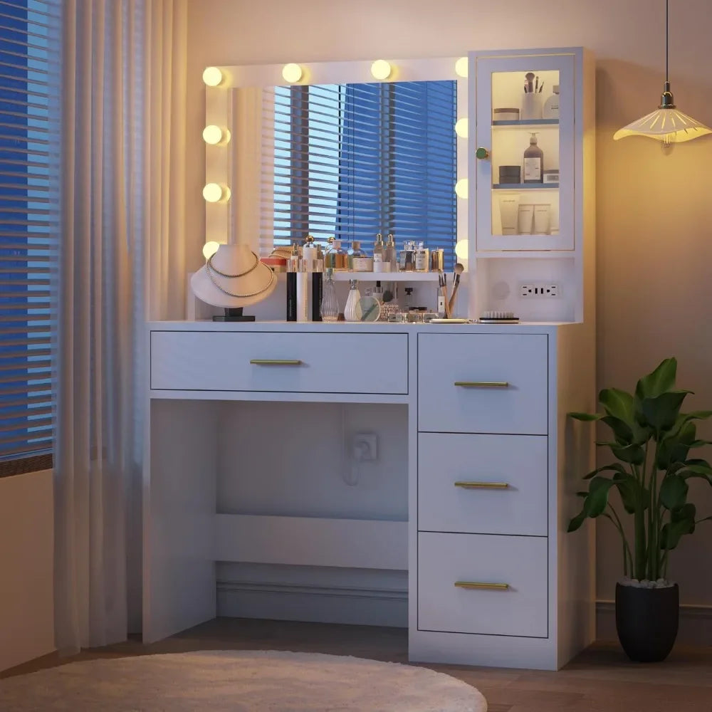 White Vanity with Mirror and Lights, Makeup Vanity Desk with 4 Drawers,Glass Door Storage Cabinet,Charger Station,3 Color Modes