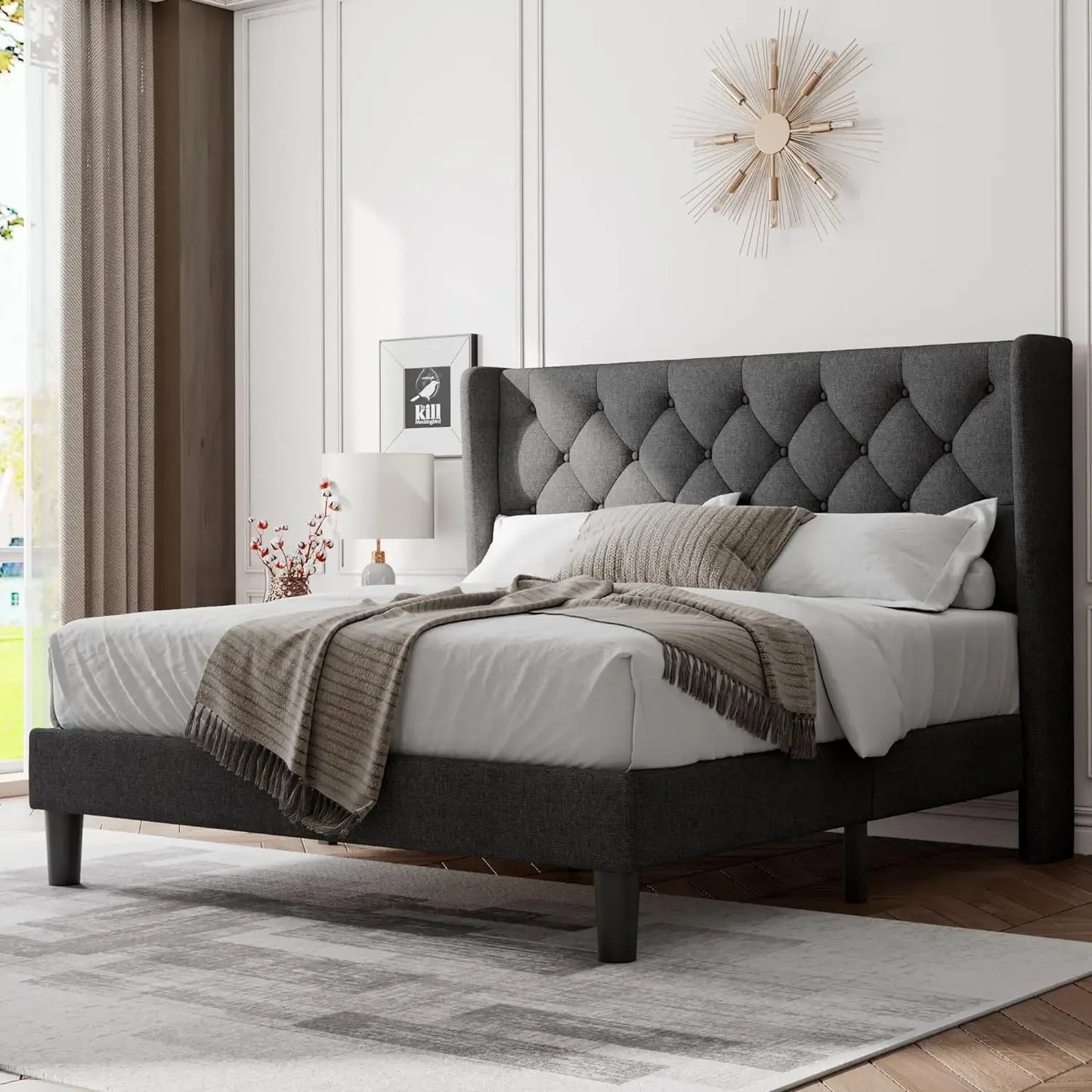 Queen Bed Frame with Upholstered Wingback Headboard, Platform Bed and Heavy Duty Wooden Slats Support, Easy Assembly, Noise-Free