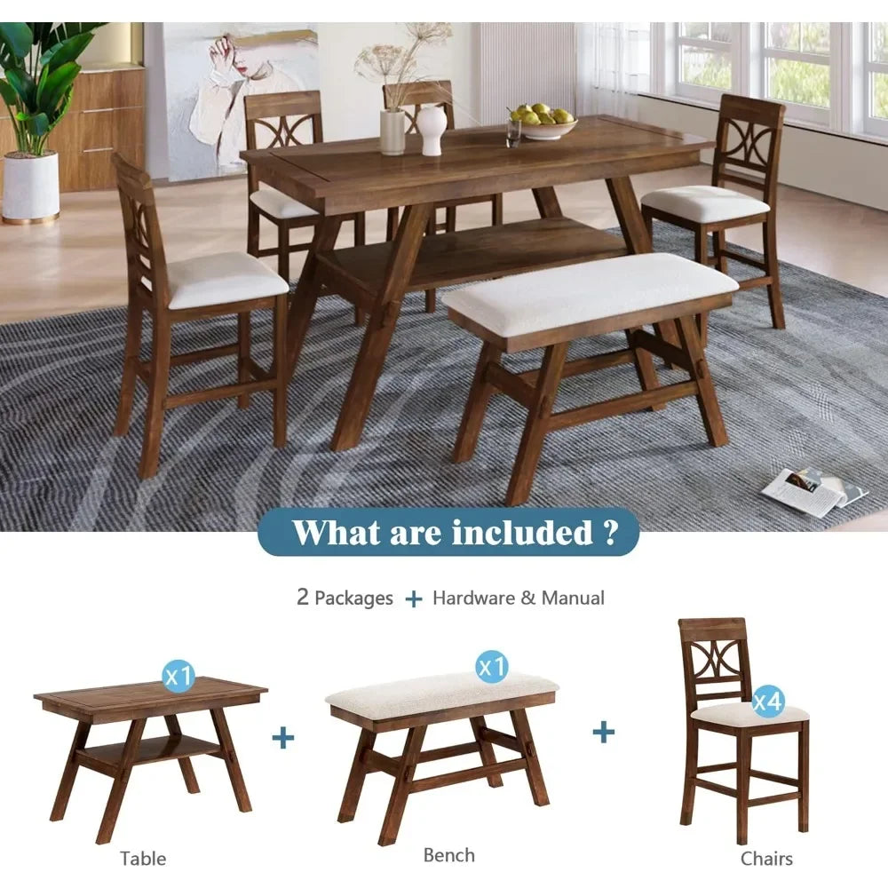 6-Piece Counter Height Dining Table Set,Farmhouse Rustic Kitchen Dining Room Table Set with Padded 4 Chairs and Bench