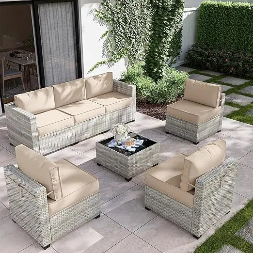 7-Piece Outdoor Patio Furniture Set,Gradient Wicker Sectional Sofa, Modular Wicker Patio Conversation Set, Garden Furniture Sets