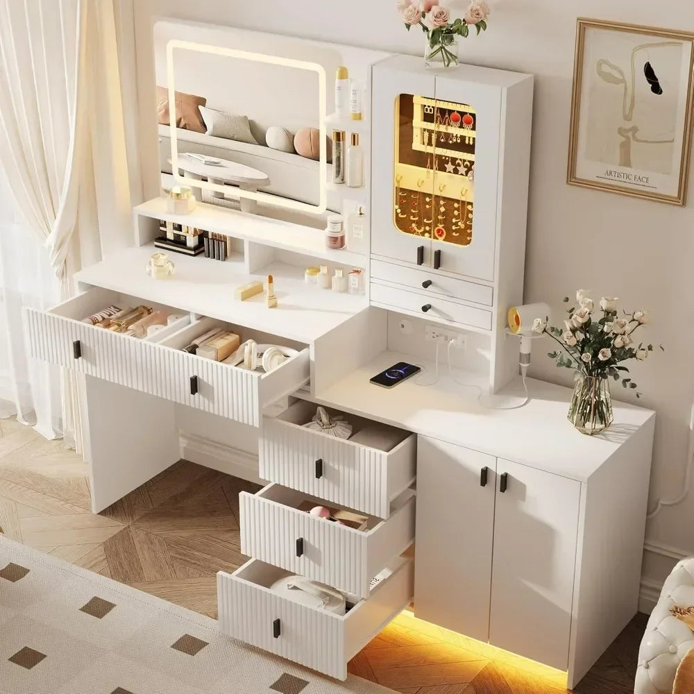 Vanity Desk with Mirror and Lights,White Makeup Vanity Table with Jewelry Cabinet & 7 Drawers,Dressing Table with Charing Sation