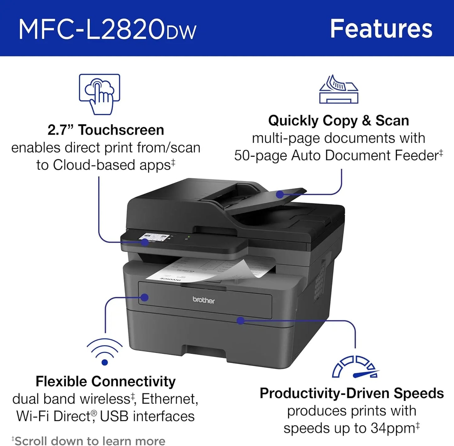 Wireless Compact Monochrome All-in-One Laser Printer with Copy, Scan and Fax, Duplex, Black & White  Includes Refresh