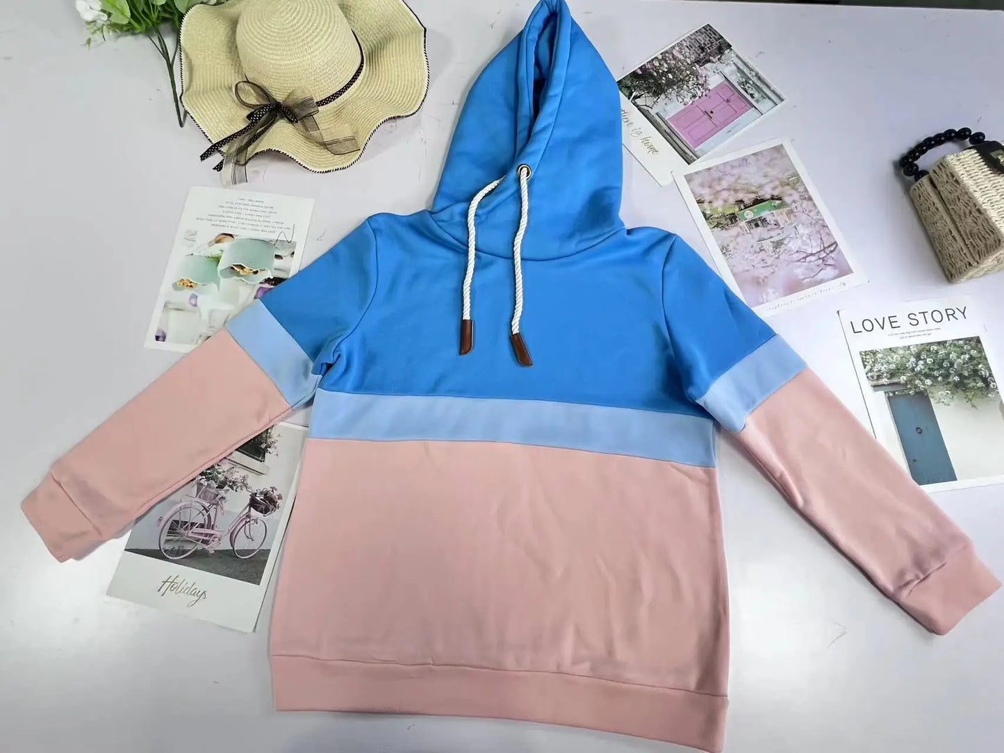 Women's sweatshirt 2024 new autumn and winter solid color stitching casual high collar hooded cross-border sweatshirt for women