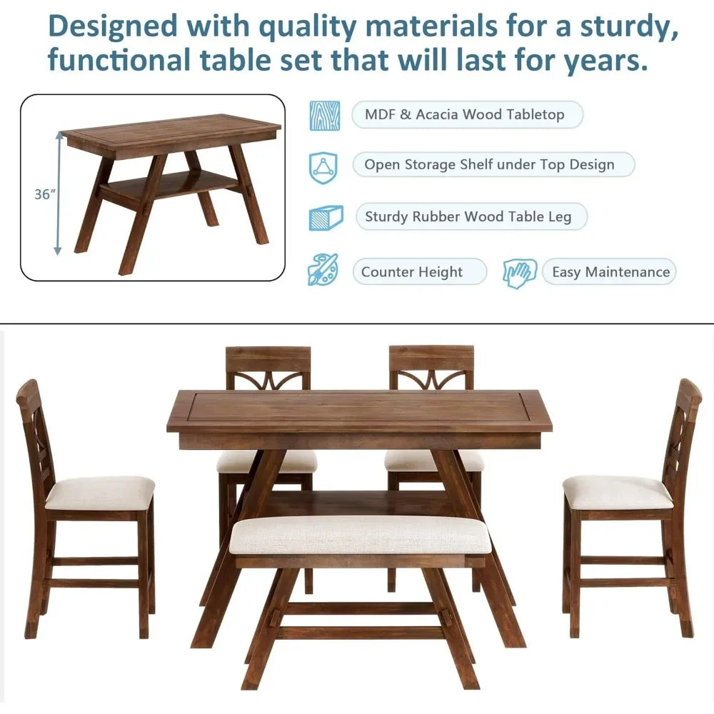 6-Piece Counter Height Dining Table Set,Farmhouse Rustic Kitchen Dining Room Table Set with Padded 4 Chairs and Bench