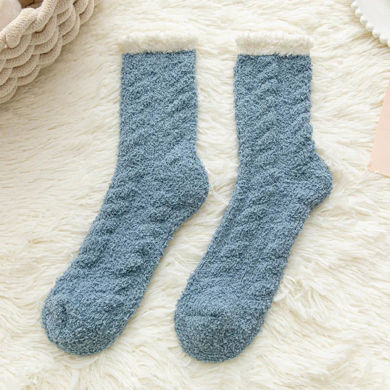 1 Pair Women Winter Warm Fluffy Fuzzy Socks Thick Thermal Soft Kawaii Mid Socks Coral Fleece Home Floor Sleep Fluffy Socks