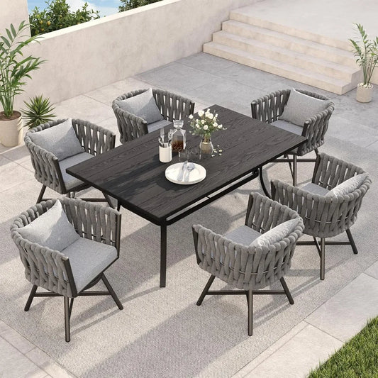 7-Piece Outdoor Dining Set, Swivel Rope Wicker Chairs & 1 Bent Legs Dining Faux Woodgrain Table ,Patio Dining Furniture Sets