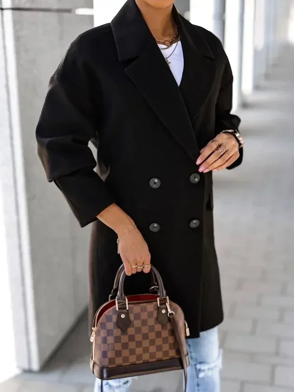 Women Coat Fashion Casual Double-breasted Lapel Loose Long Sleeve Solid Color Autumn Winter Temperament Commuter Coat Pocket