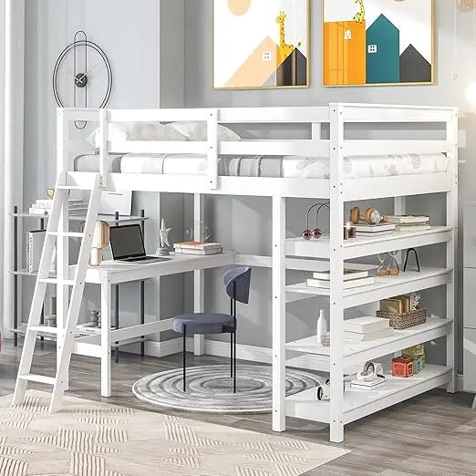 Full Size Loft Bed with Desk,Guardrail and Ladder, High Loft Beds with Desk and Bookcase, Wood Loft Bed Frame