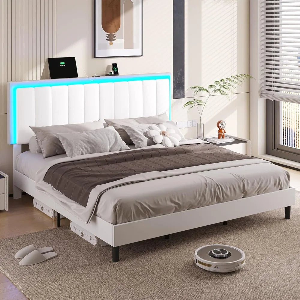 Bed Frame with Led Lights and Charging Station Platform Bed Frame with Adjustable Headboard Faux Leather Profile Platform Bed