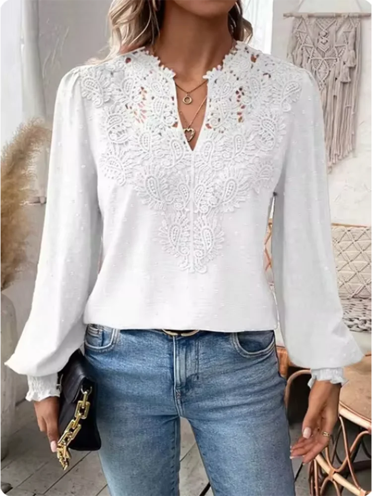 Luxury Solid Color V-Neck Long Sleeved Lace Top Women's Hollow T-Shirt Lady Elegant Office Autumn Spring Blouse Clothes