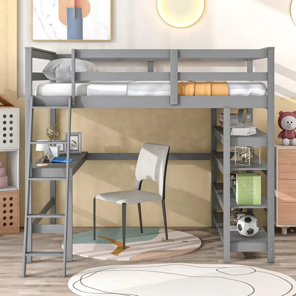 Full Size Loft Bed with Desk,Guardrail and Ladder, High Loft Beds with Desk and Bookcase, Wood Loft Bed Frame