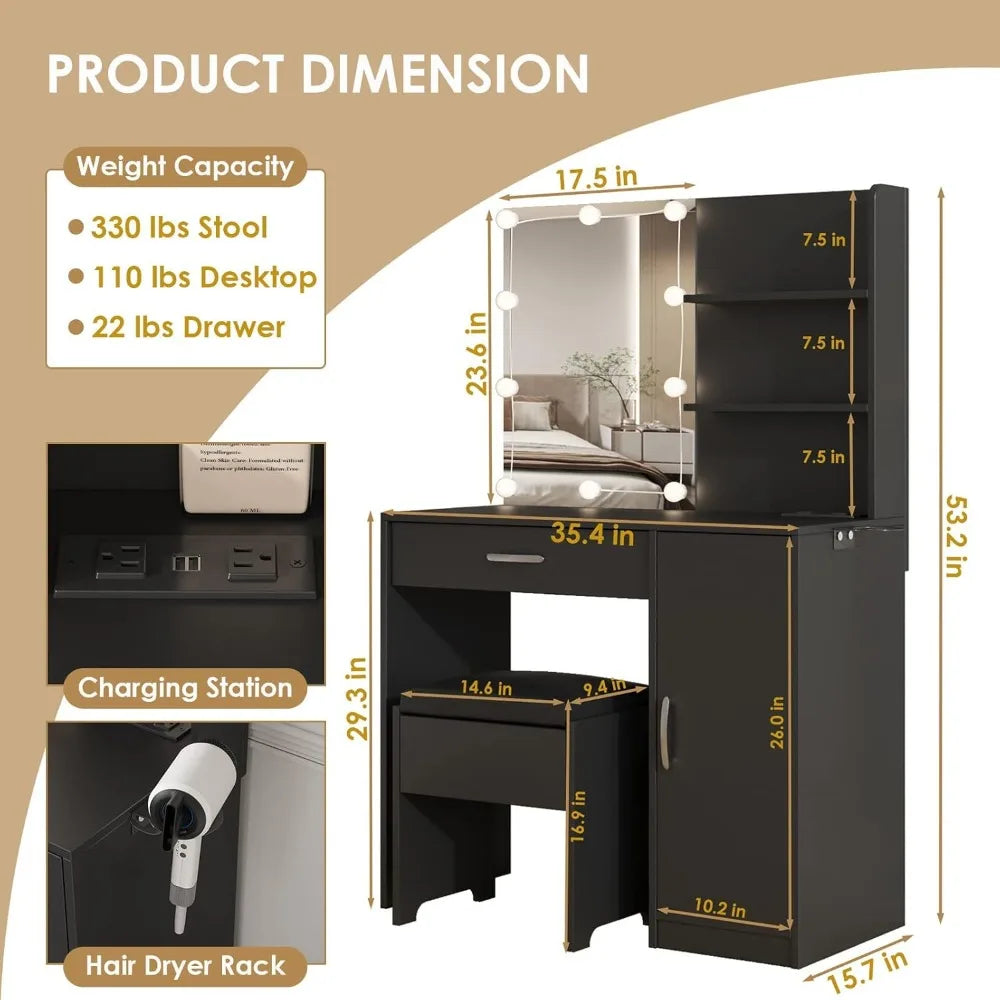 Vanity Desk with Lighted Mirror & Power Strip,Makeup Vanity Table with Lights and Lots Storage,3 Lighting Modes, Dressing Table