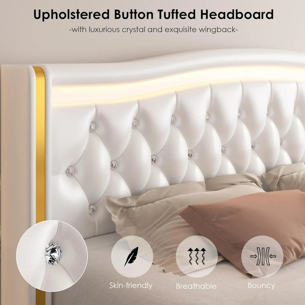 LED Platform Bed Frame with 4 Storage Drawers, Crystal Button-Tufted & Stainless Gold Trim Wingback Headboard, Bed Bases