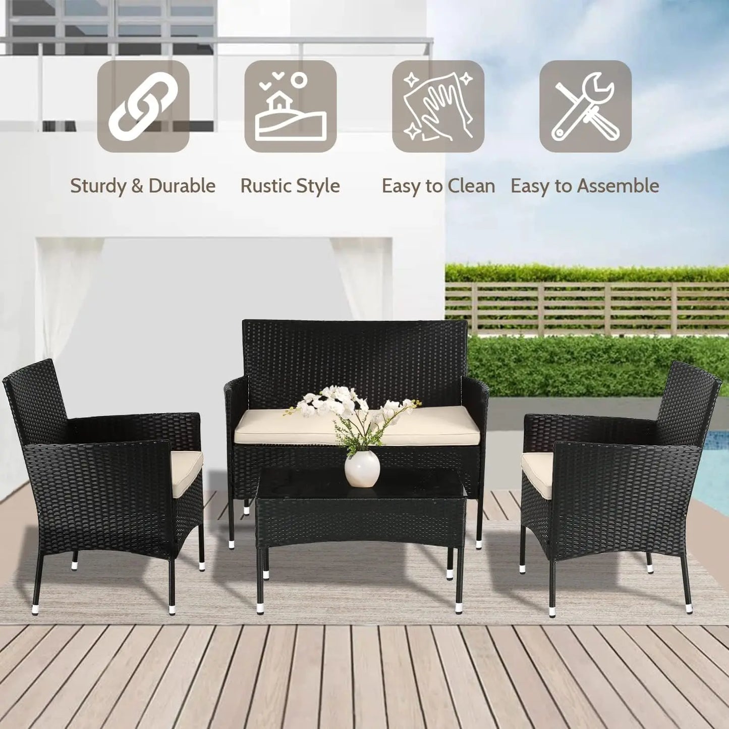 Patio Furniture Set 4 Pieces Outdoor Rattan Chair Wicker Sofa Garden Conversation Bistro Sets for Yard,Pool or Backyard