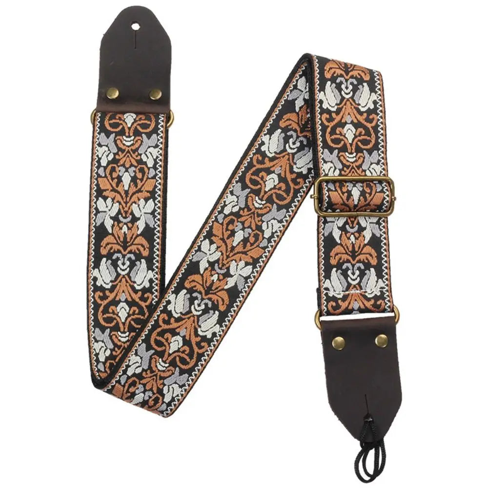 Vintage Flowers Embroidered Guitar Strap Leather Head Adjustable Guitar Strap Belt Cotton Tail Nail Pick Electric Guitar Belt