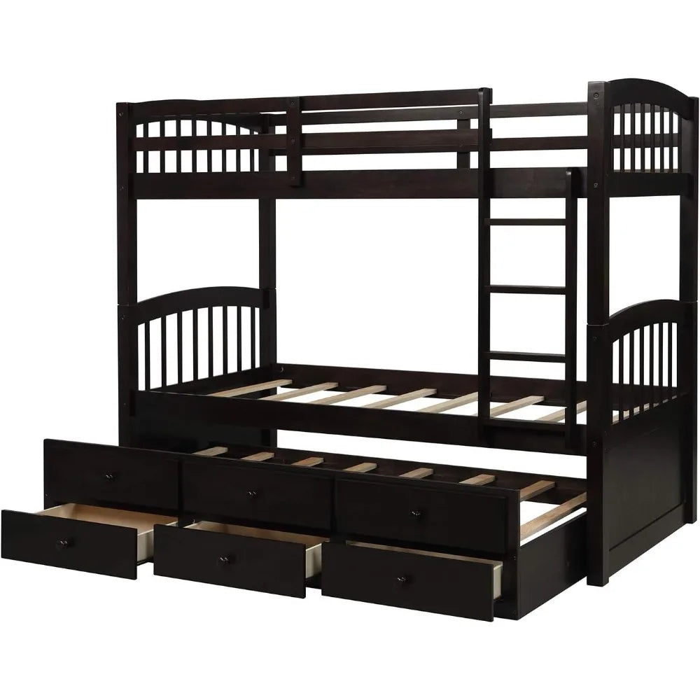 Twin Over Twin Bunk Bed with Safety Rail, Ladder, Twin Trundle Bed with 3 Drawers for Bedroom, Guest Room Furniture