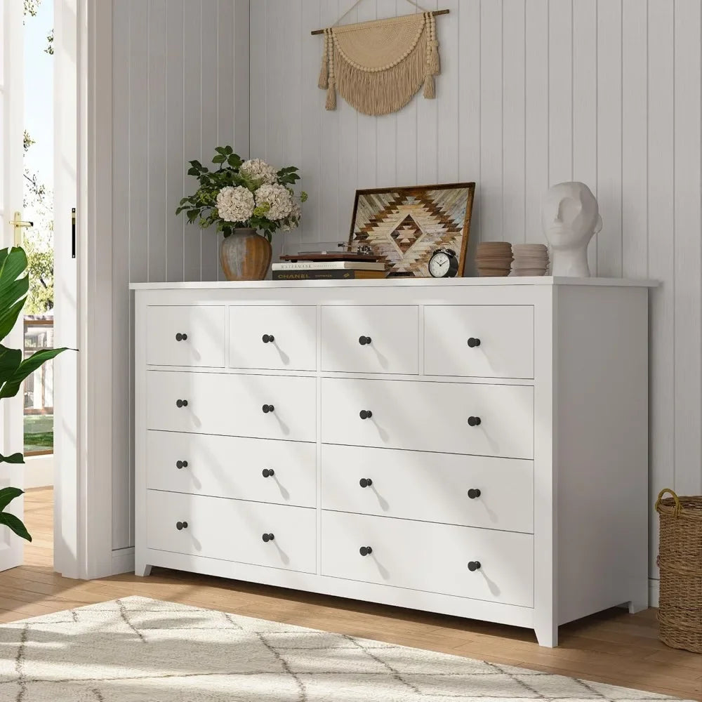 White Dresser, Dresser for Bedroom with 10 Deep Drawers Wood with Smooth Metal Rail, Large Chests of Drawers