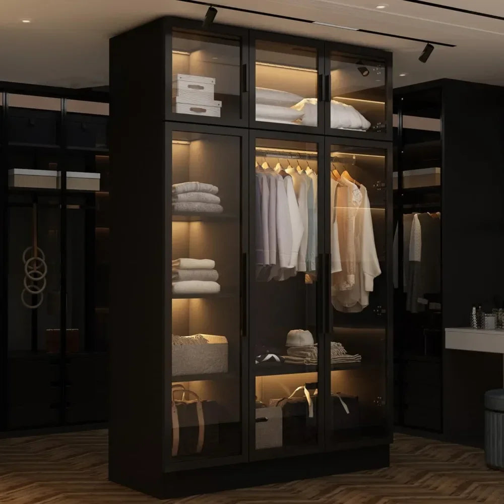 Wardrobe Cabinet, LED Lights, Armoire Closet with Glass Doors, Wooden Large Wardrobe with Hanging Rod & 5 Tiers Shelf