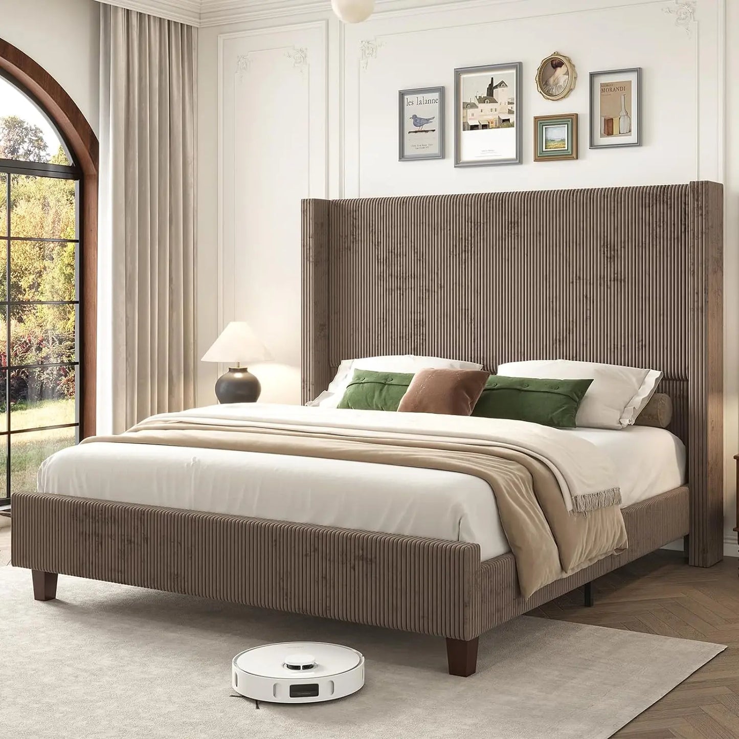 Bed Frame 61" Corduroy Upholstered, Platform Bed with Vertical Stripe Wingback Headboard, No Box Spring Needed/Solid Wood Slats