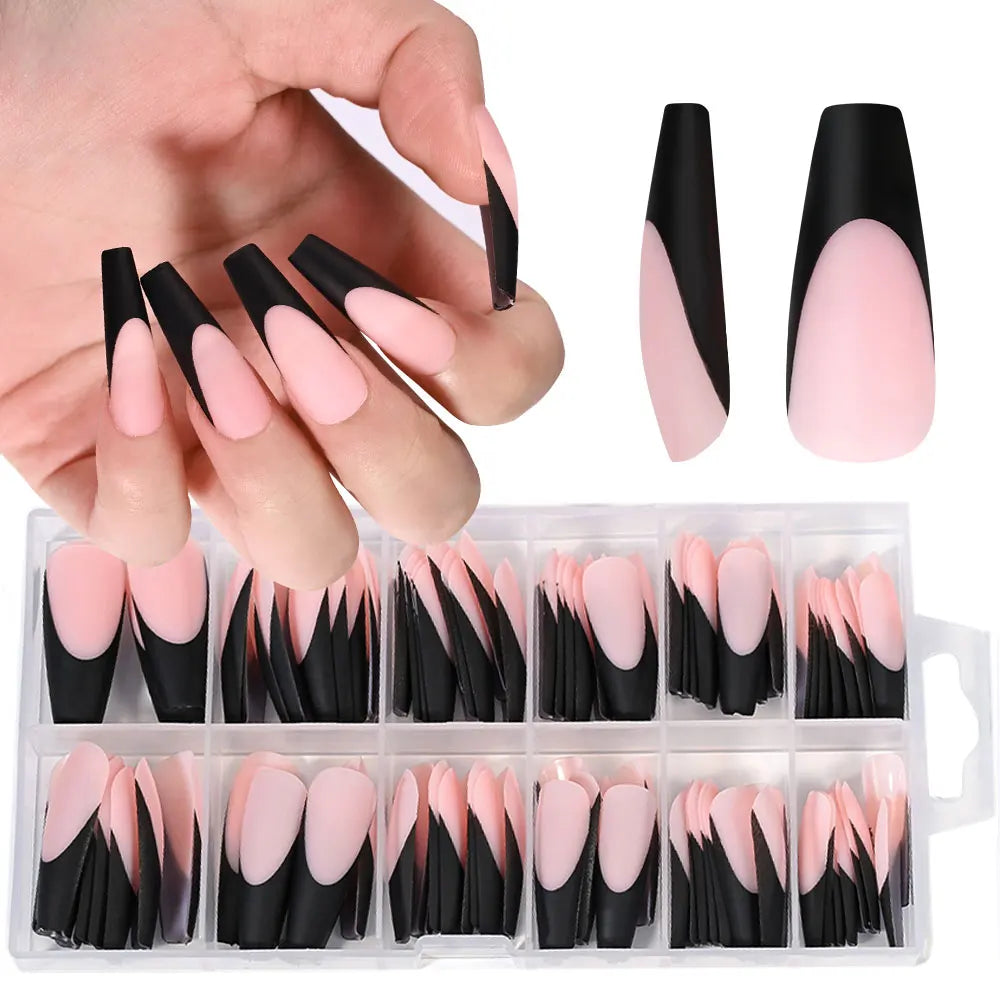 120PC Black French Gel Nail Tips Matte Long Coffin Press on Nails 12size Pre-lasting Natural Artificial False Tips Nail Supplies