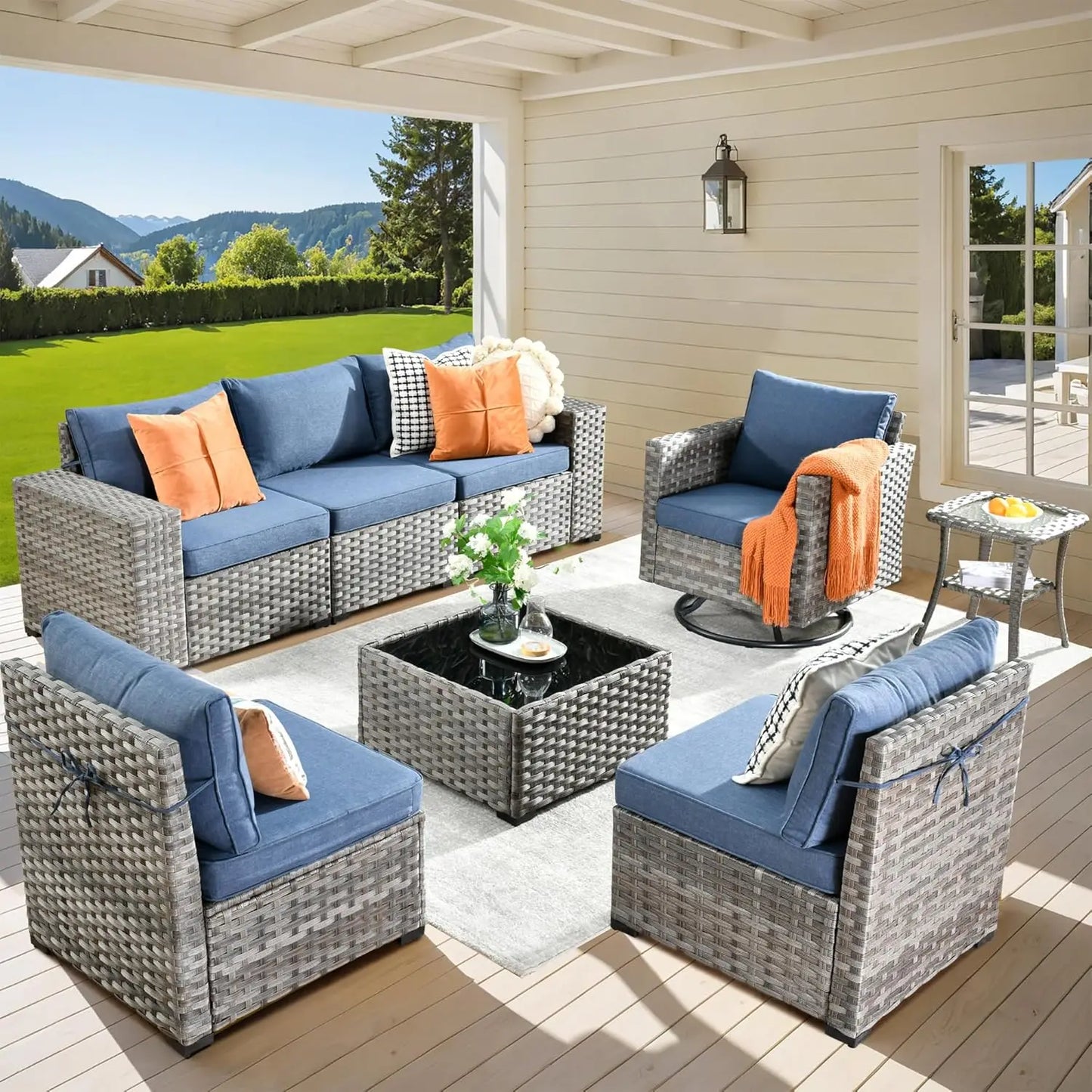 9 Pieces Patio Furniture Set, Outdoor Sectional Sofa with Swivel Rocking Chairs, Wide Arms and Deep Seat, Wicker Rattan Set