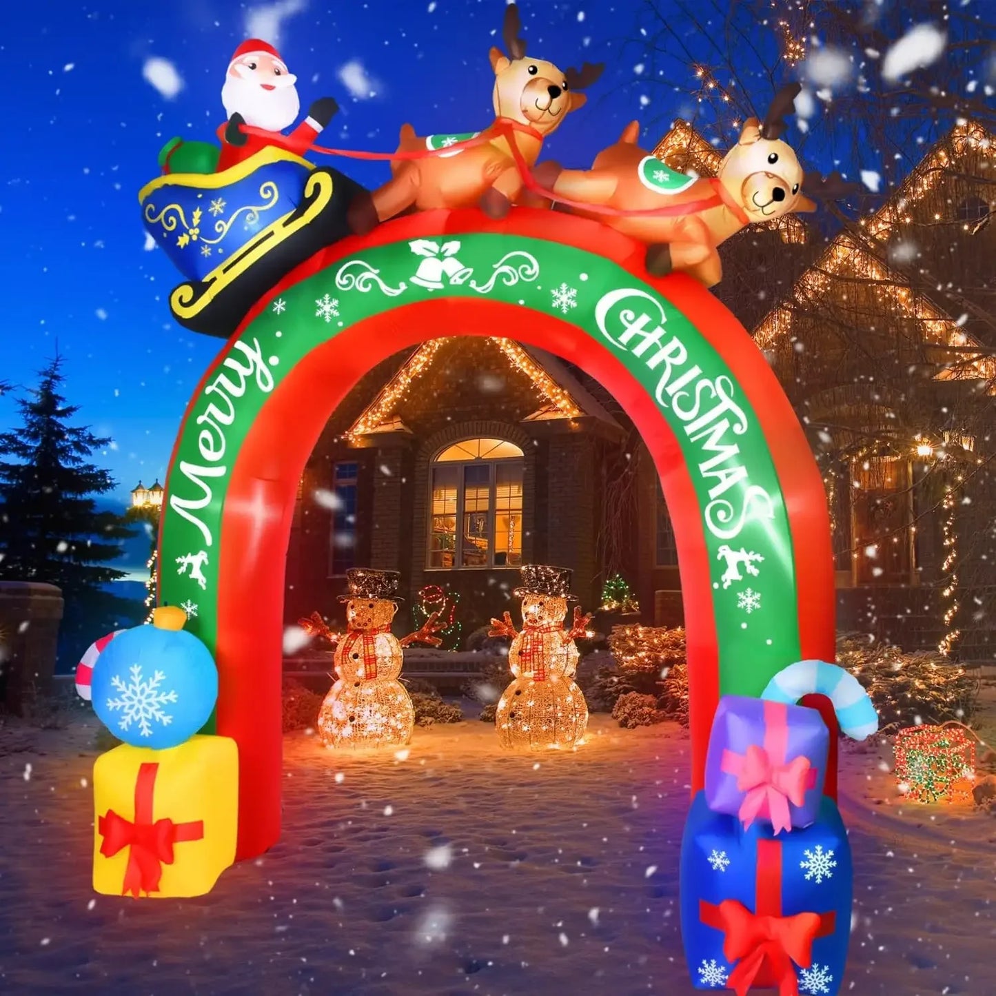 10 FT Christmas Inflatable Archway Santa Claus on Sleigh with Reindeers Christmas Blow Up Yard Decorations