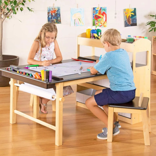 Deluxe Art Center: Kids Arts and Crafts Table and Chairs Set with Storage Shelves, Canvas Bins, Paper Roll, for Drawing,Coloring