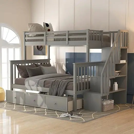 Bunk Bed ,with Stairs, with Storage Drawers and Shelves, No Box Spring Needed, Wood Bunk Bed Frame