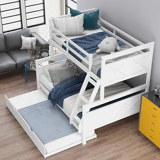 Bunk Bed, Twin Over Full Wood Bunks Beds with Twin Size Trundle,  with Guardrail and Ladder, Solid Wood Bunk Bed Frame