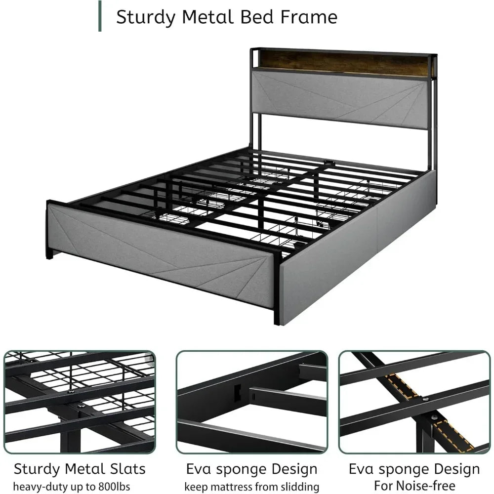 Bed Frame with Storage Headboard & 4 Drawers,Sturdy Metal Platform & Slat Grey Bed Frame with LED Lights & Charging Station