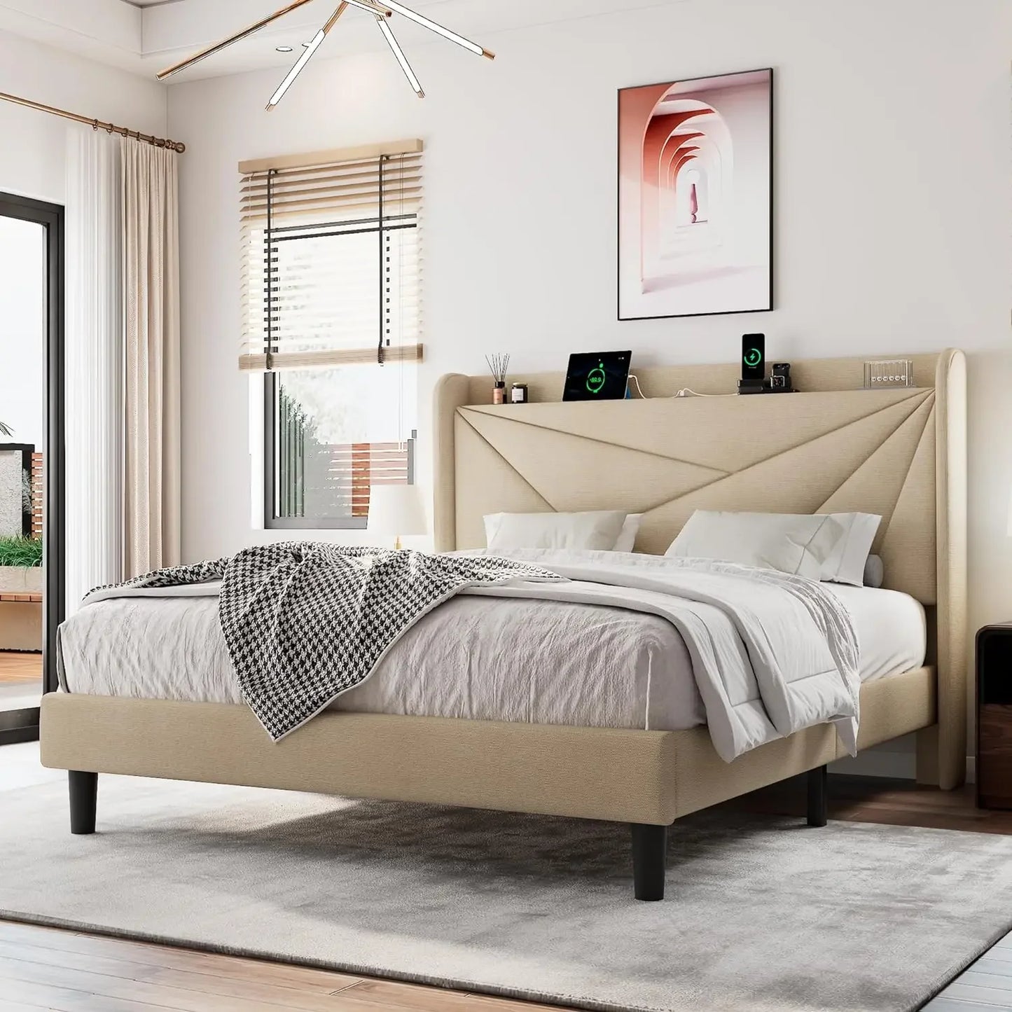 Full Size Upholstered Bed Frame with Charging Station, Platform Bed Frame with Storage Headboard, Solid Wood Slats Support