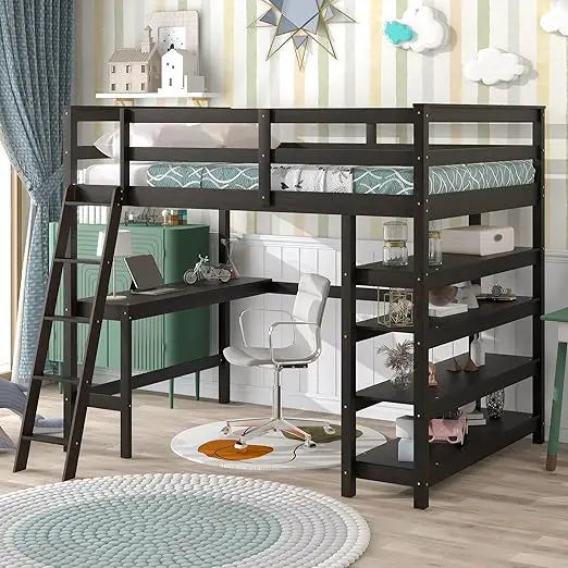 Full Size Loft Bed with Desk,Guardrail and Ladder, High Loft Beds with Desk and Bookcase, Wood Loft Bed Frame