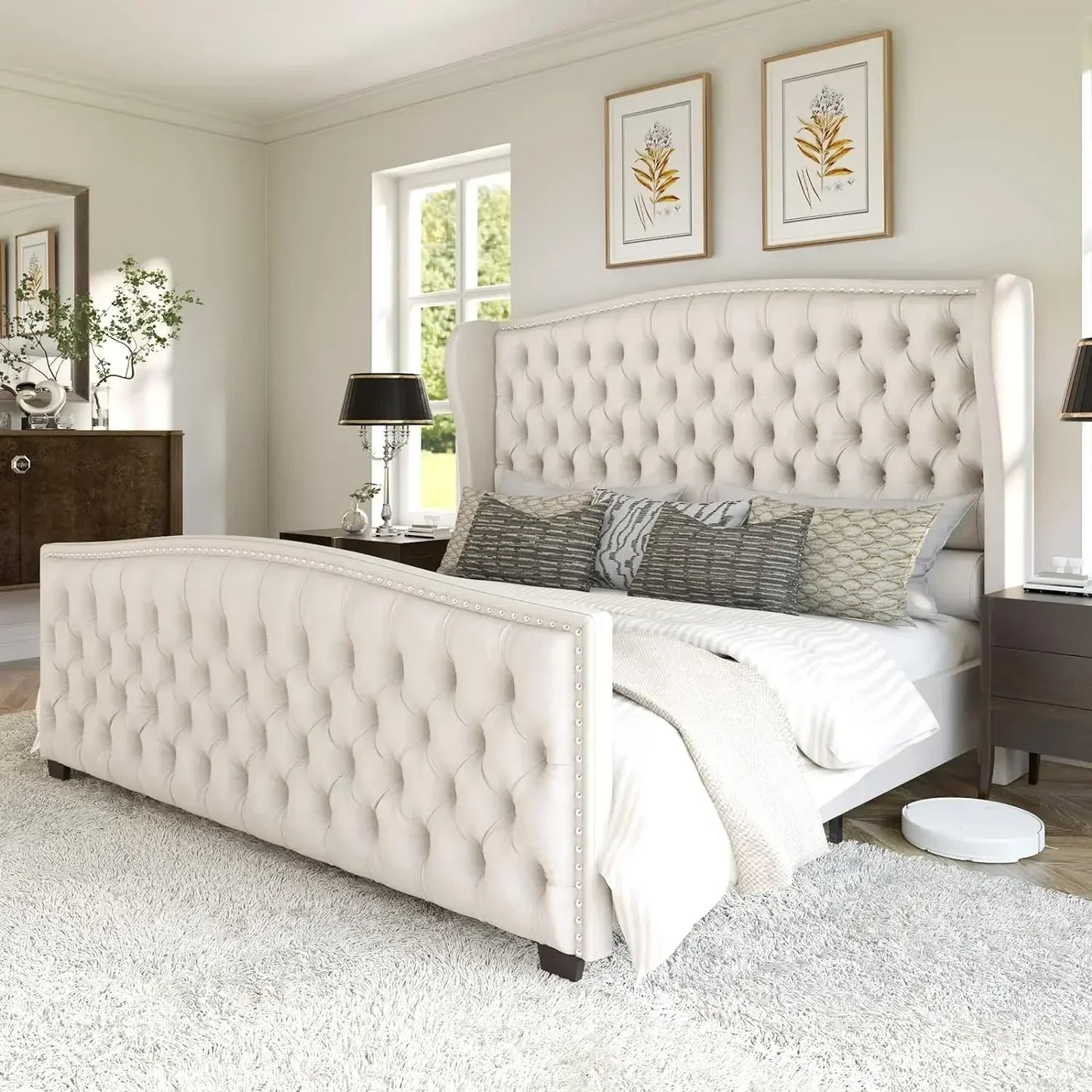 King Size Platform Bed Frame, Velvet Upholstered Bed with Deep Button Tufted & Nailhead Trim Wingback Headboard