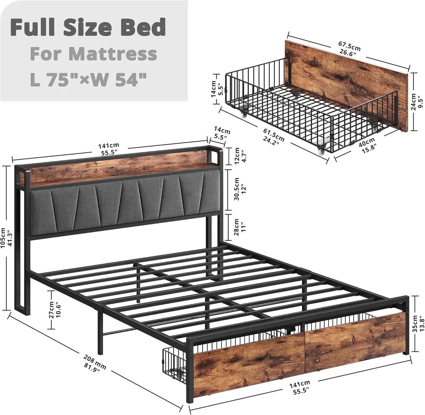 Full Size Bed Frame, Storage Headboard with Charging Station, Platform Bed with Drawers, No Box Spring Needed