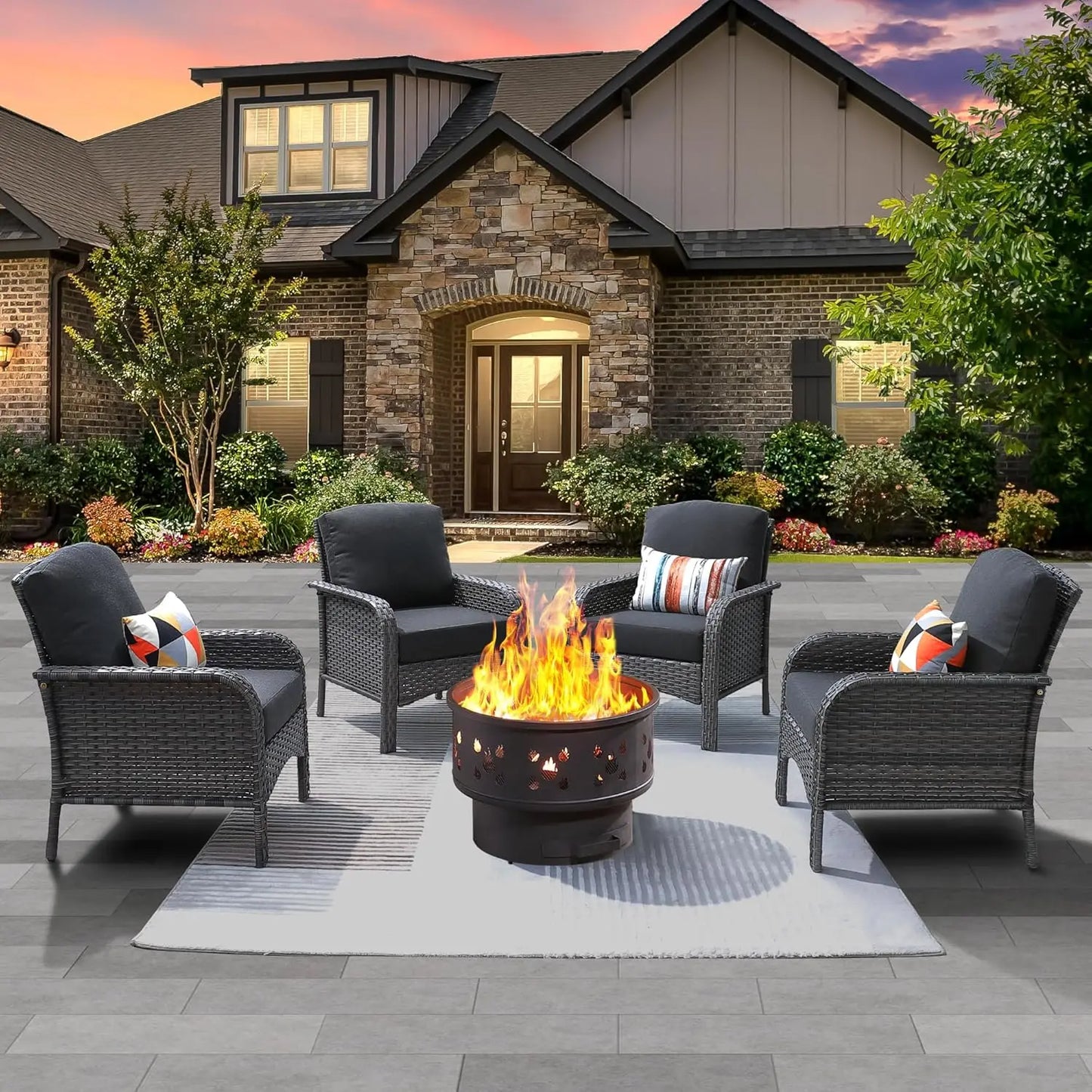 4 Pieces Patio Furniture Set with Fire Pit Table, Outdoor Wicker Chairs of 4, All Weather High Back Rattan Chairs 4 Seats