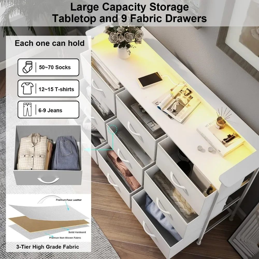 White Dresser with LED Light for Bedroom 9 Drawer Dressers with Charging Station Chests of Drawers for Entryway Closet bedroom