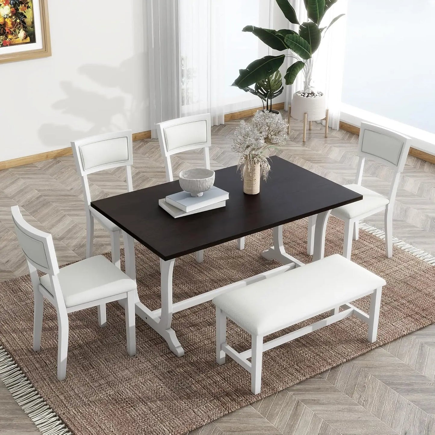 7-Piece Dining Table Set, 76.9inch Extendable Trestle Dining Table with Upholstered Side Chair and Arm Chair, Dining Table Set